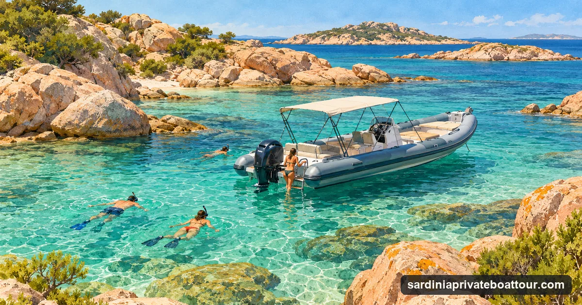 Illustration of a private RIB at anchor in the emerald natural pools of the La Maddalena archipelago, guests snorkelling