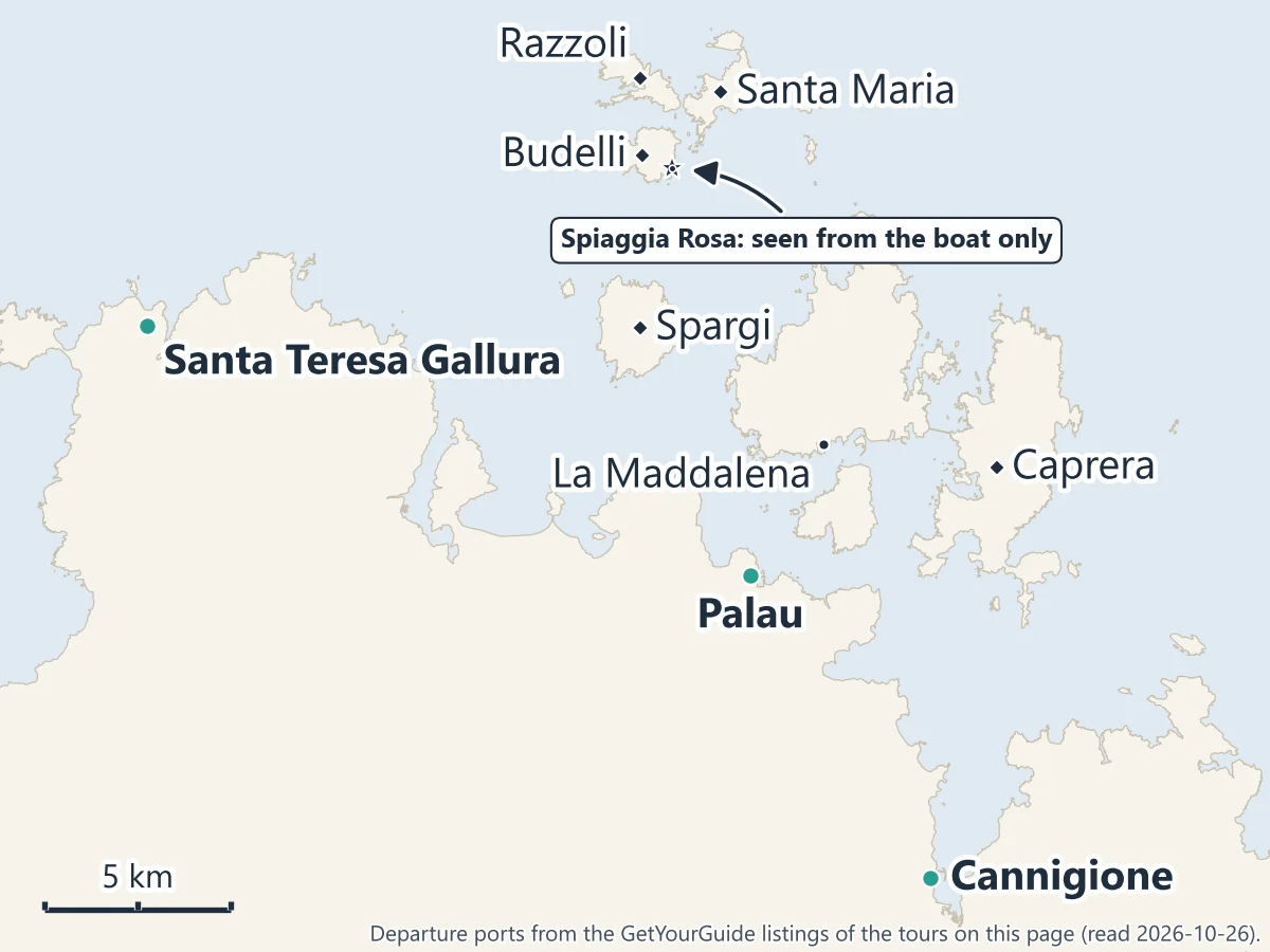 Map of the La Maddalena archipelago boat tour ports: Palau, Cannigione and Santa Teresa Gallura on the Sardinian coast, La Maddalena town, and the islands of Caprera, Spargi, Budelli, Razzoli and Santa Maria, with Budelli's Spiaggia Rosa marked as seen from the boat only